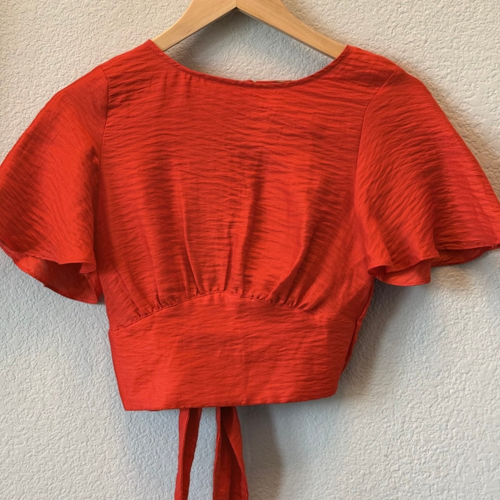 Free People Womens XS Red Open Back Tie Crop Top Flutter Sleeve Cutout